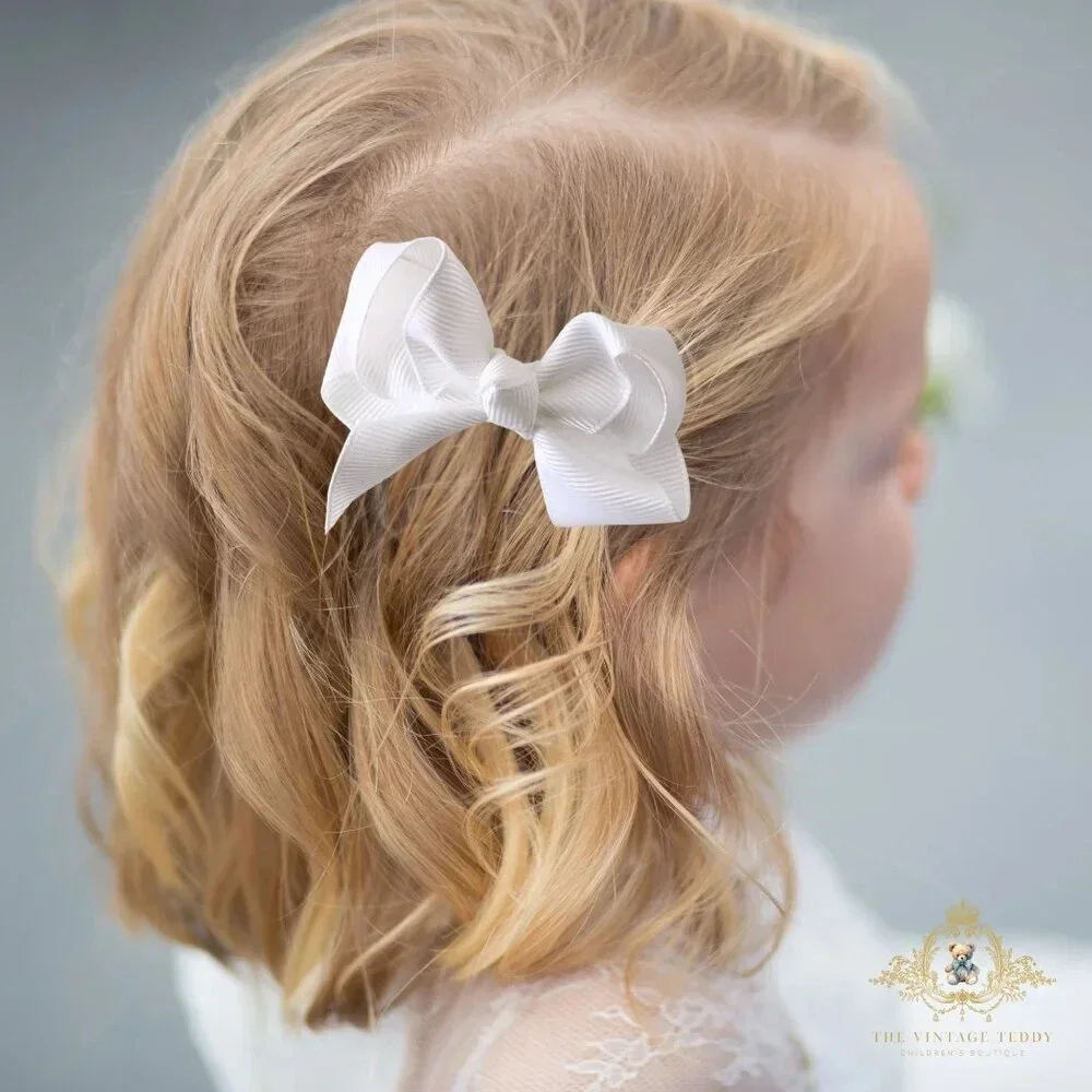 Set of 2 Pretty Girls Hair Bows Grosgrain Ribbon Clips Hair Accessories White